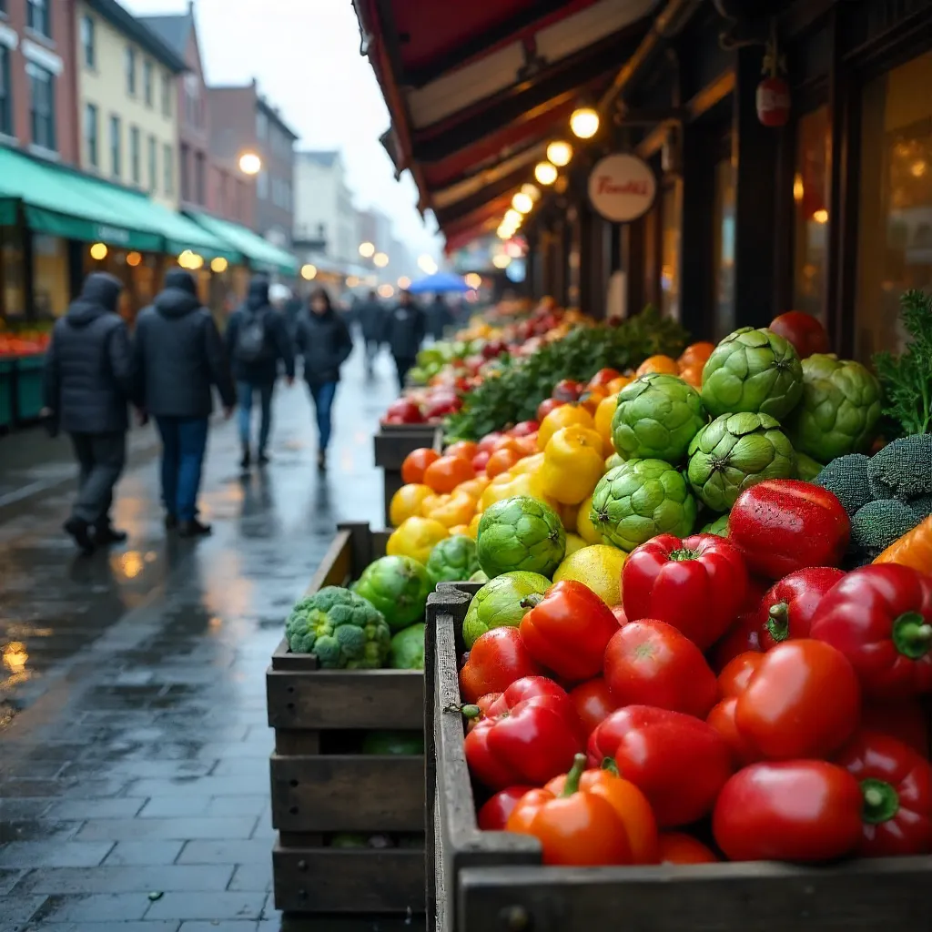 Vibrant Seattle Market Produce: Artichokes, Peppers, Broccolini