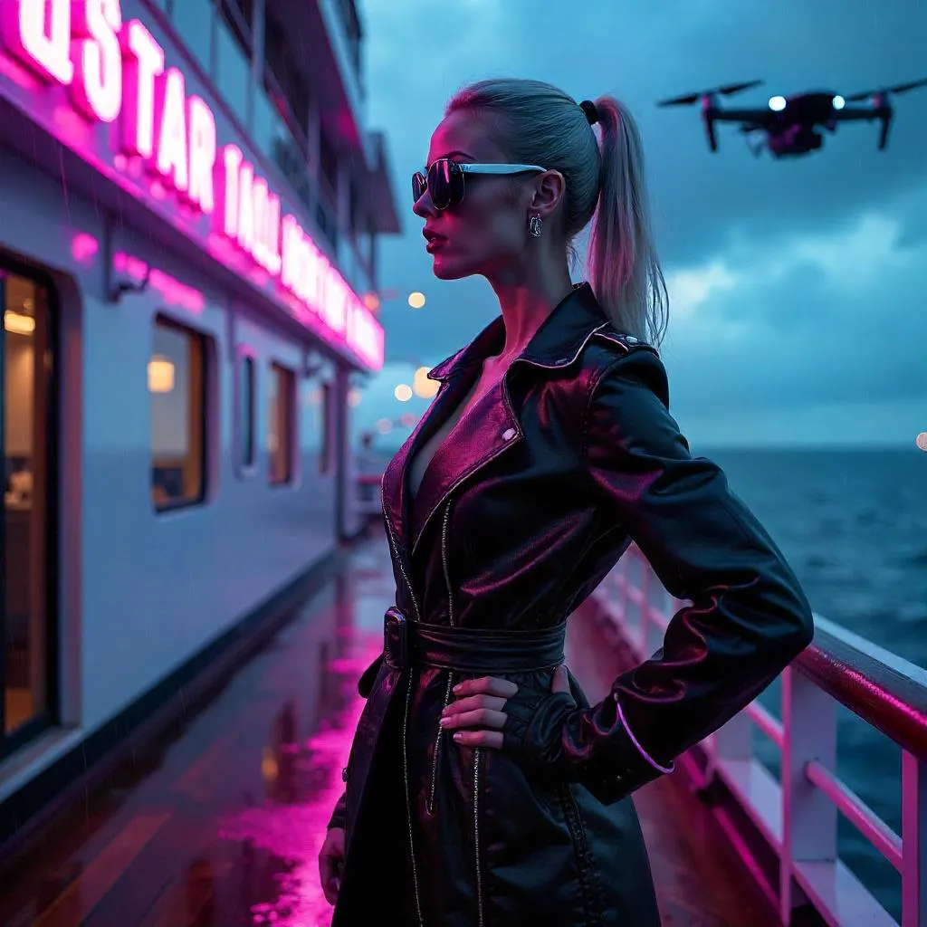 Confident Cyberpunk Woman on a Neon Cruise Ship