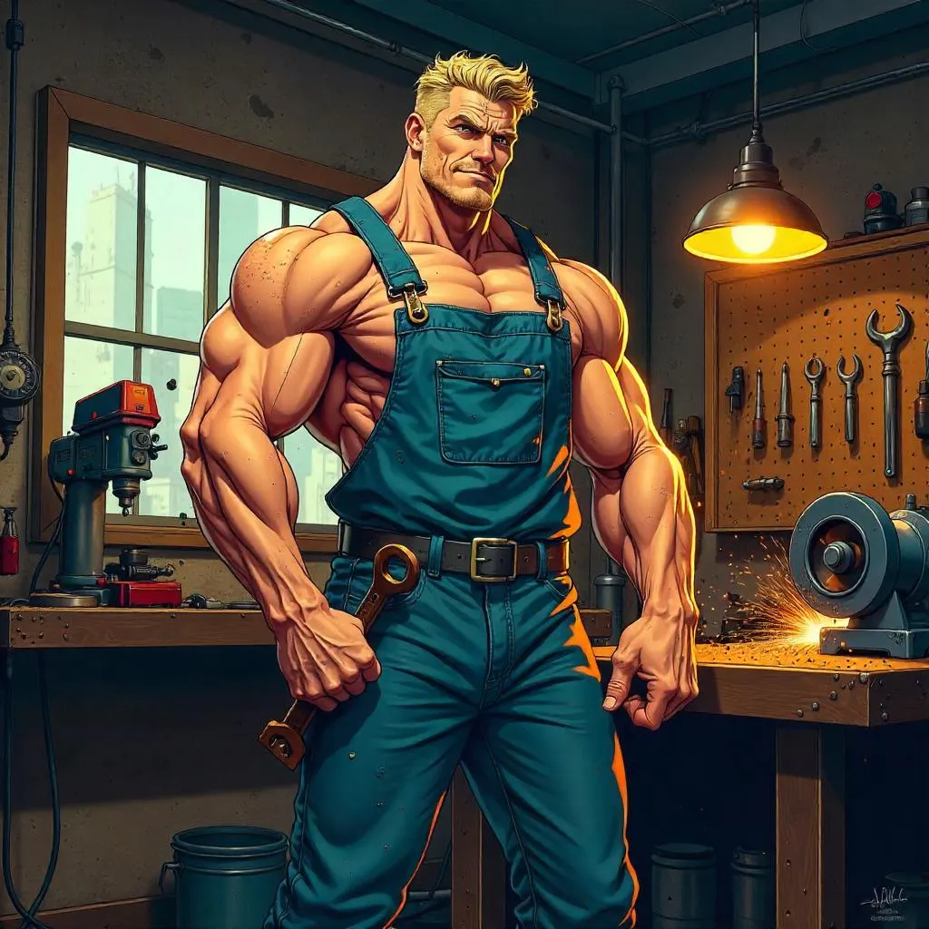 Anime-Style Strong White Man in a Workshop