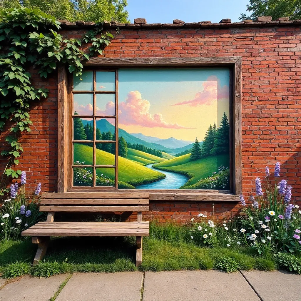Sunlit Nature Mural: Bench, Window, and Forest