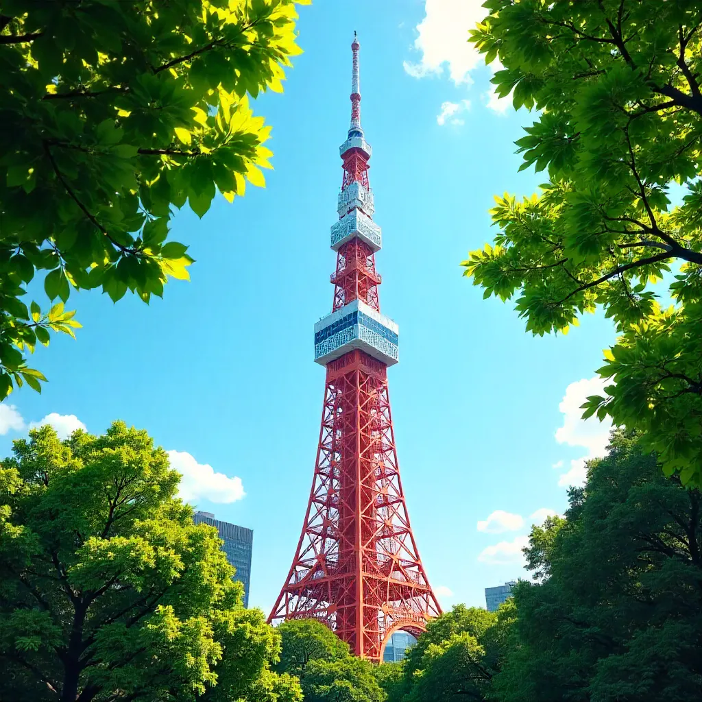 Vibrant Tokyo Tower Amid Greenery on a Clear Day