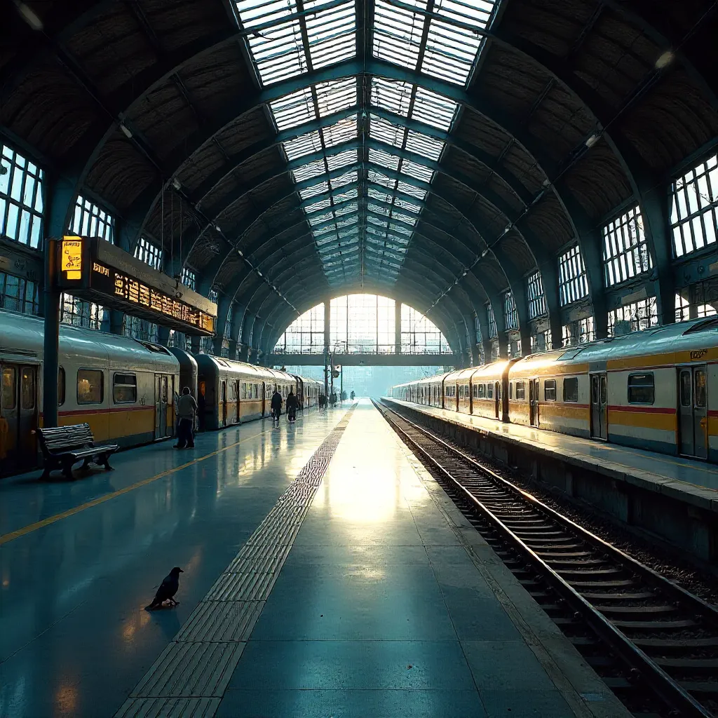 Empty Berlin Station: Dawn Light Over Waiting Trains