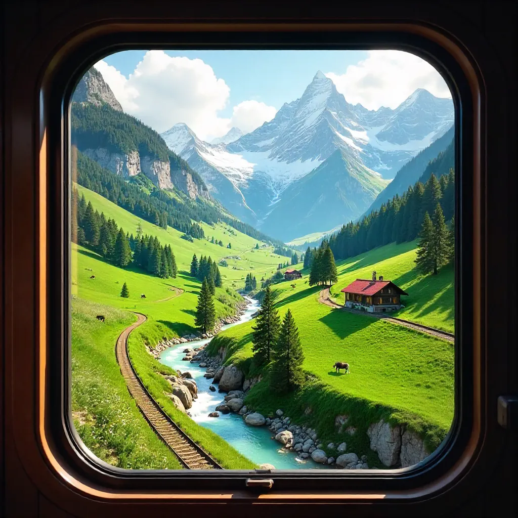 View from a Swiss Train Window over Alpine Valleys
