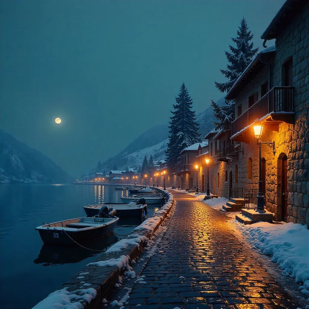 Tranquil Winter Night on Ohrid Lakefront