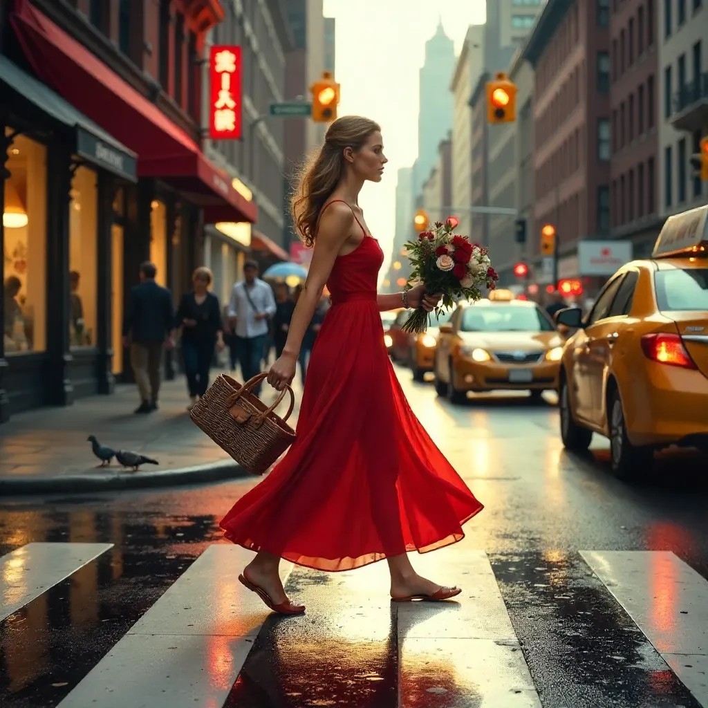 Crossing the City Street in a Red Dress