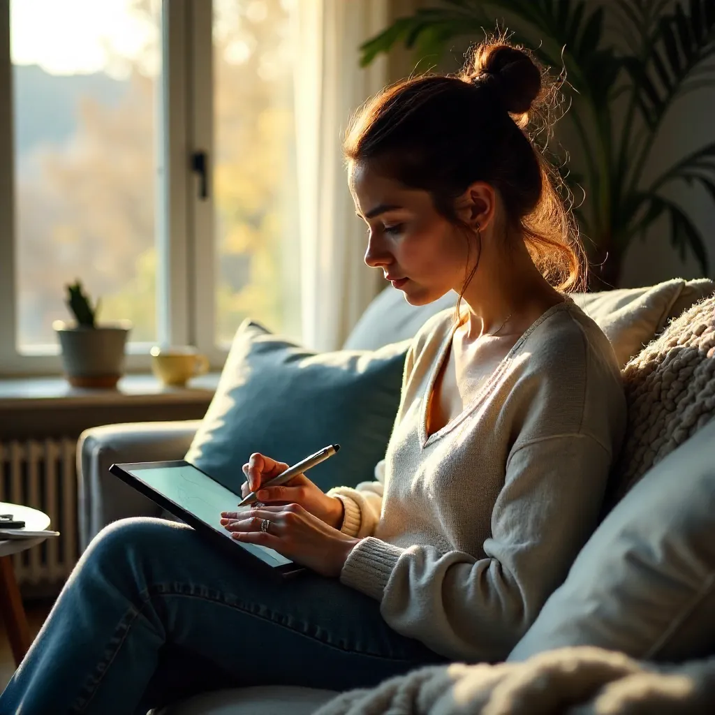 Focused Woman Drawing on Tablet on Cozy Couch