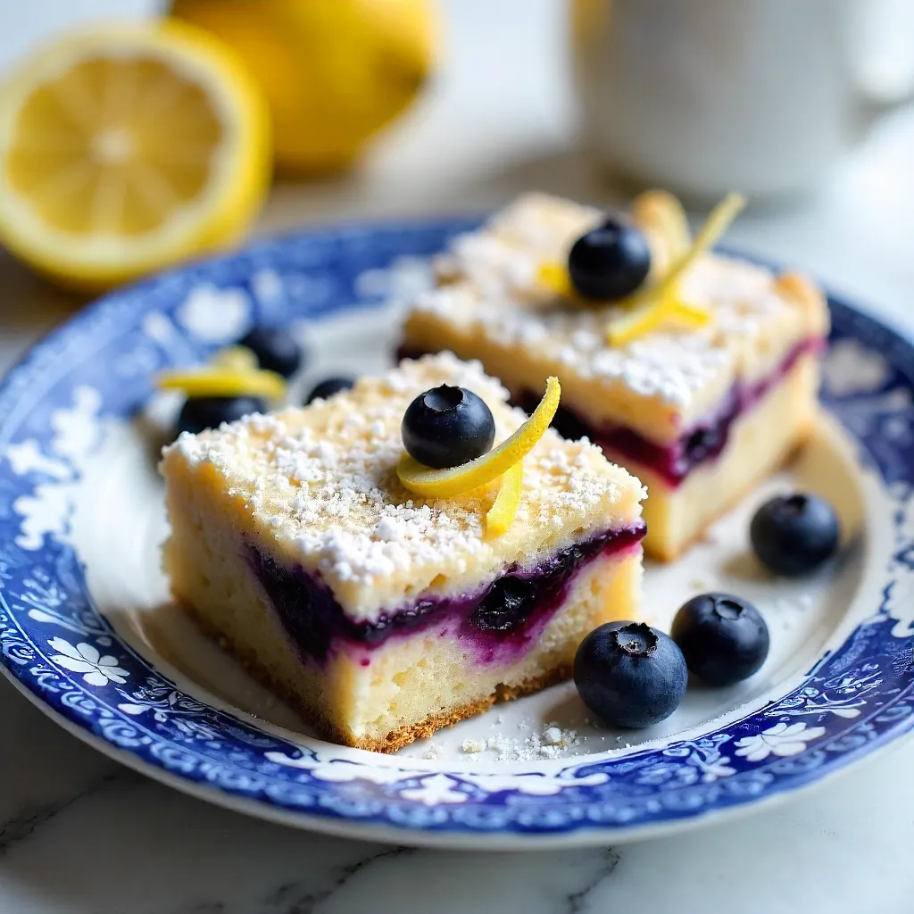 Artisanal Blueberry Lemon Cake Bars on Decorative Blue Plate