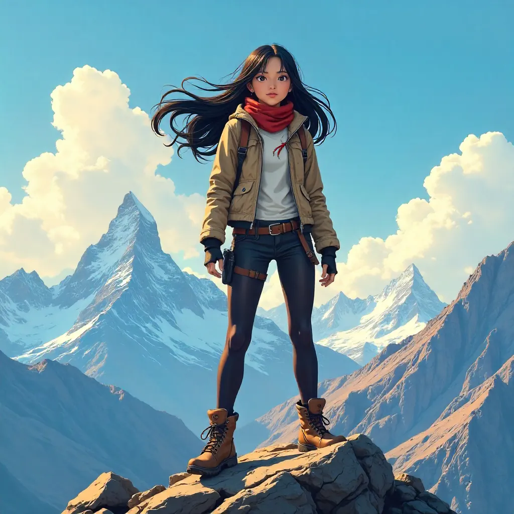 Confident Asian Heroine on Mountain Peak