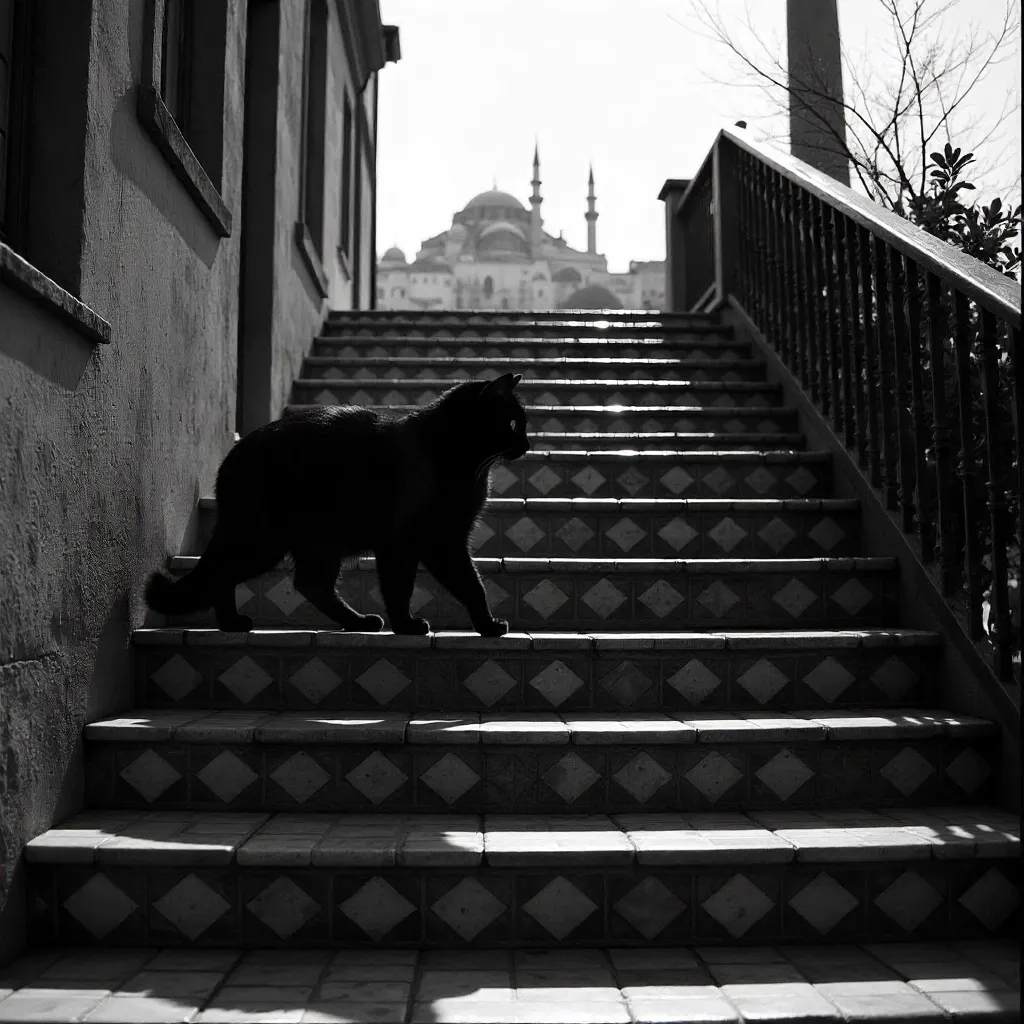 Black Cat on Geometric Stairs in Istanbul (B&W)