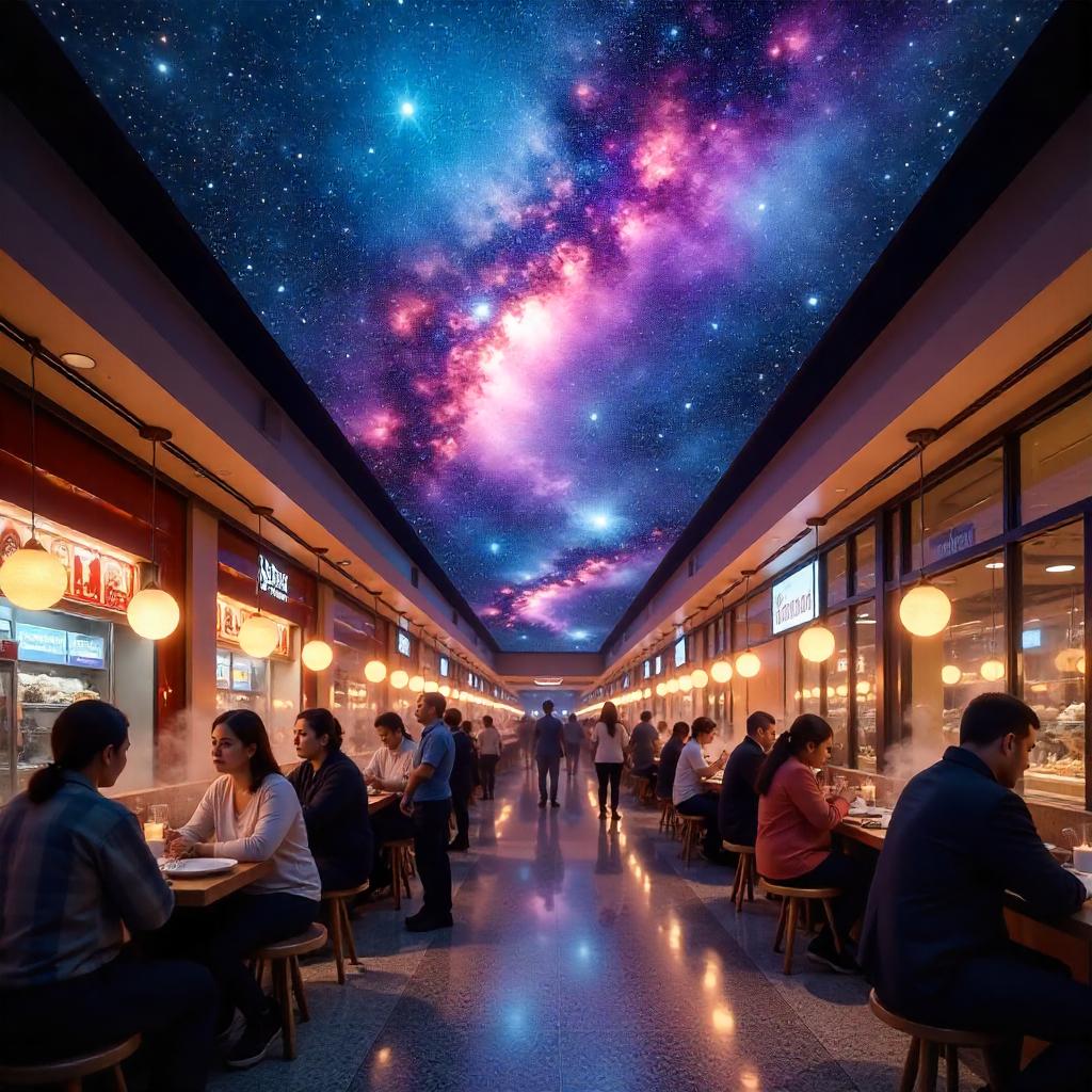 Galaxy Ceiling Over a Bustling Food Court