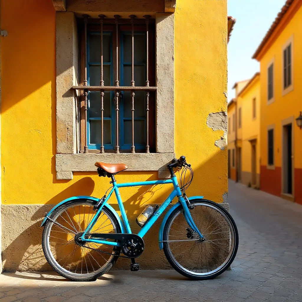 Blue Bicycle by Orange Wall Under Rustic Window