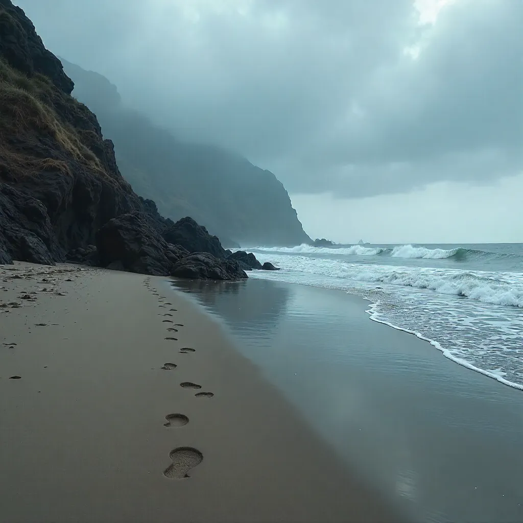 Footprints Along a Serene Rocky Coast Under Grey Skies