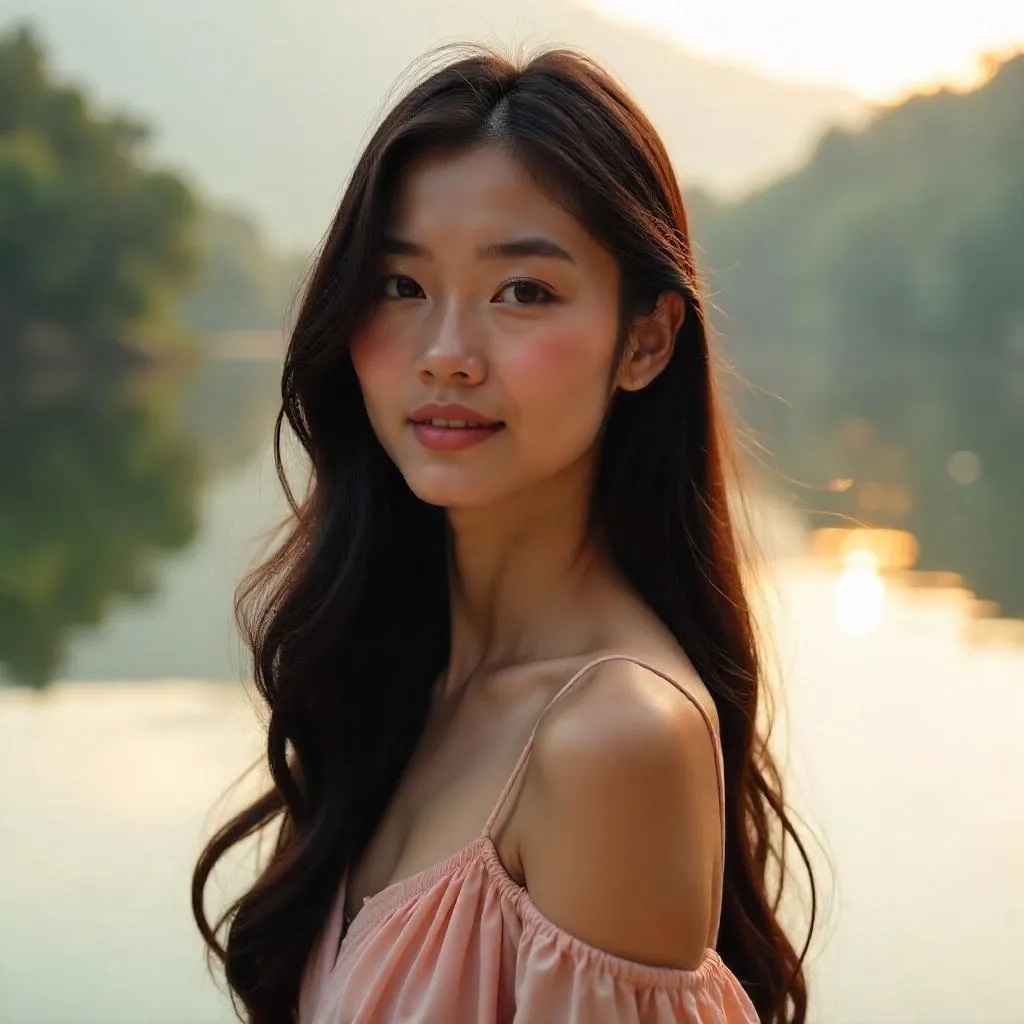 Asian Woman by the Lake at Golden Hour