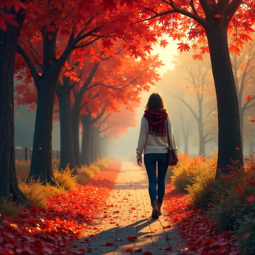 Crimson Autumn Walk Along a Red-Tree Path