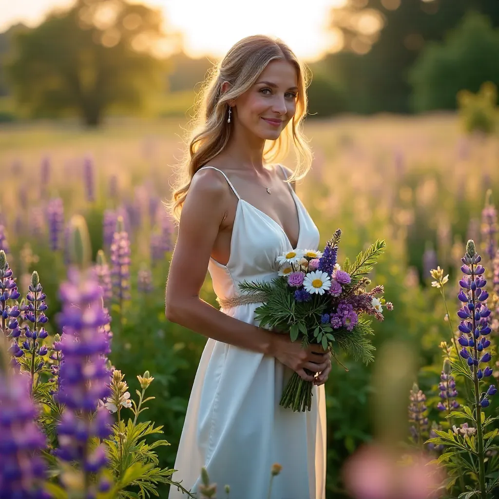 Elegance Among Lupines: White Dress in Bloom