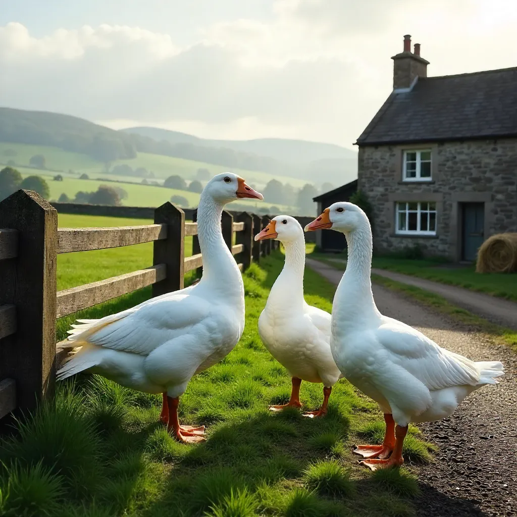 Three White Geese on a Scottish Dunblane Farm