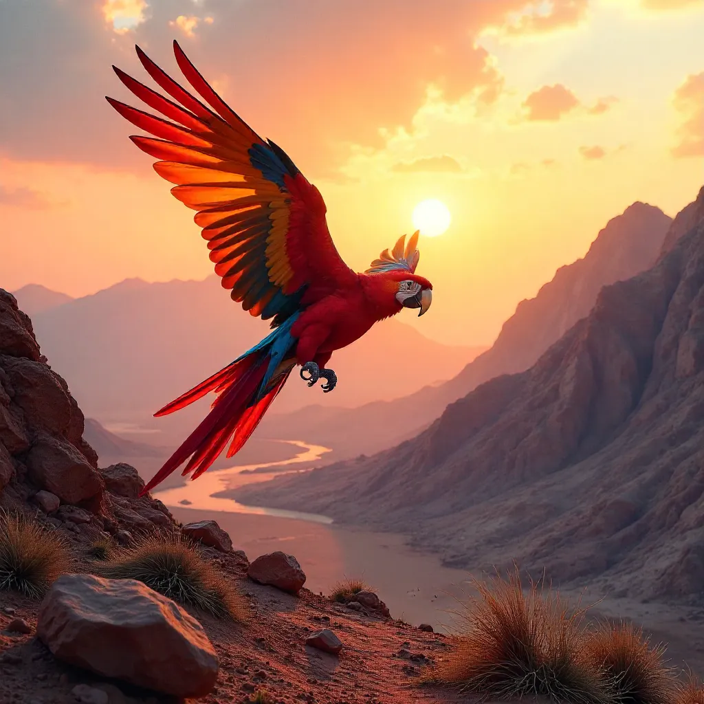 Vibrant Macaw Over Oman's Hajar Mountains at Sunset