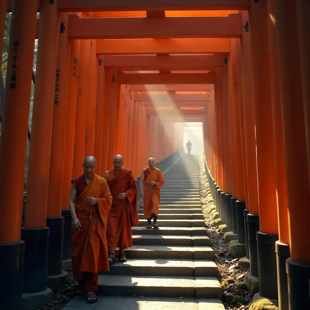 Monks Among the Vermilion Torii at Fushimi Inari