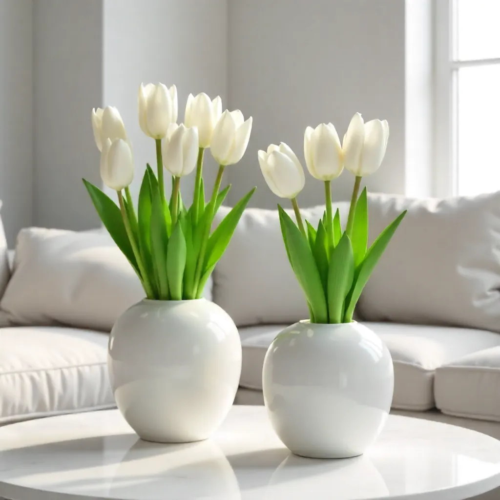 Elegant White Tulips in White Planters for Interior Decor