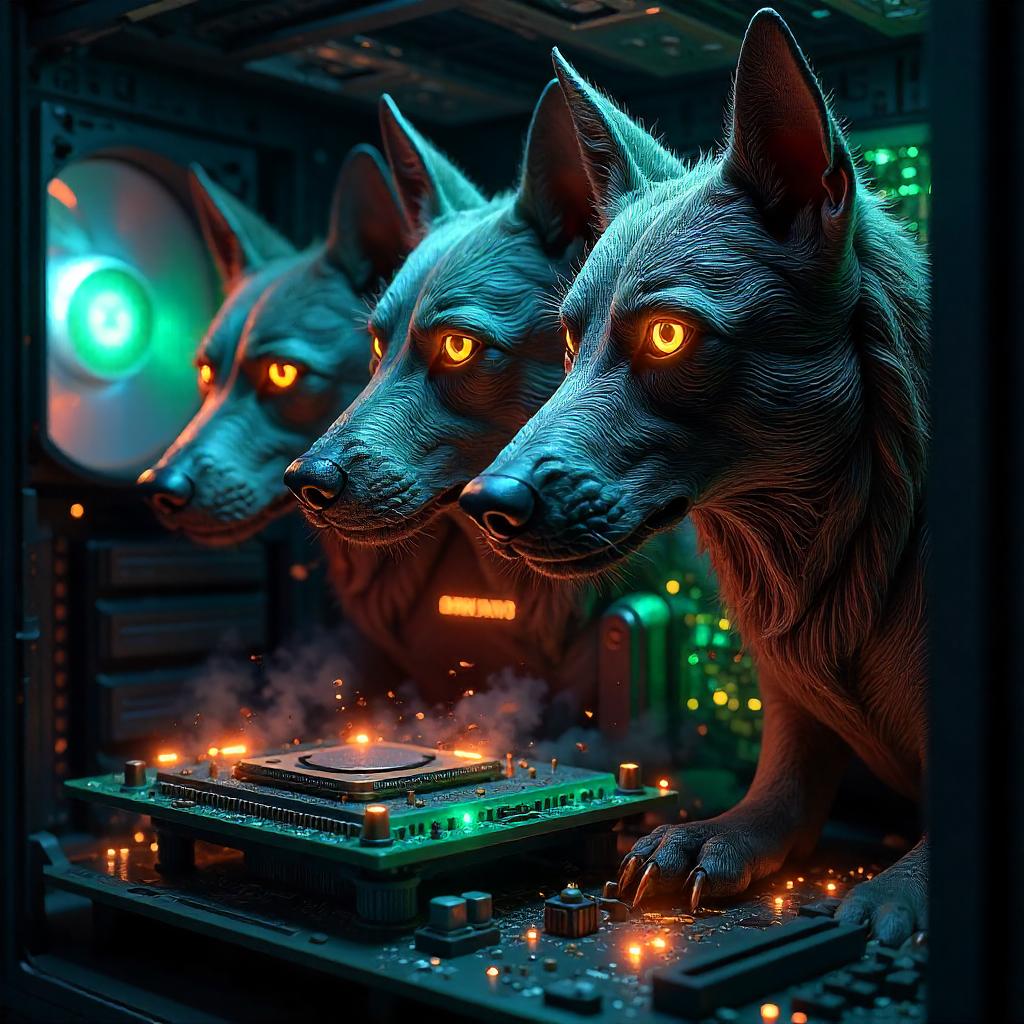 Three-Headed Cerberus Inside a Computer: 3D Render