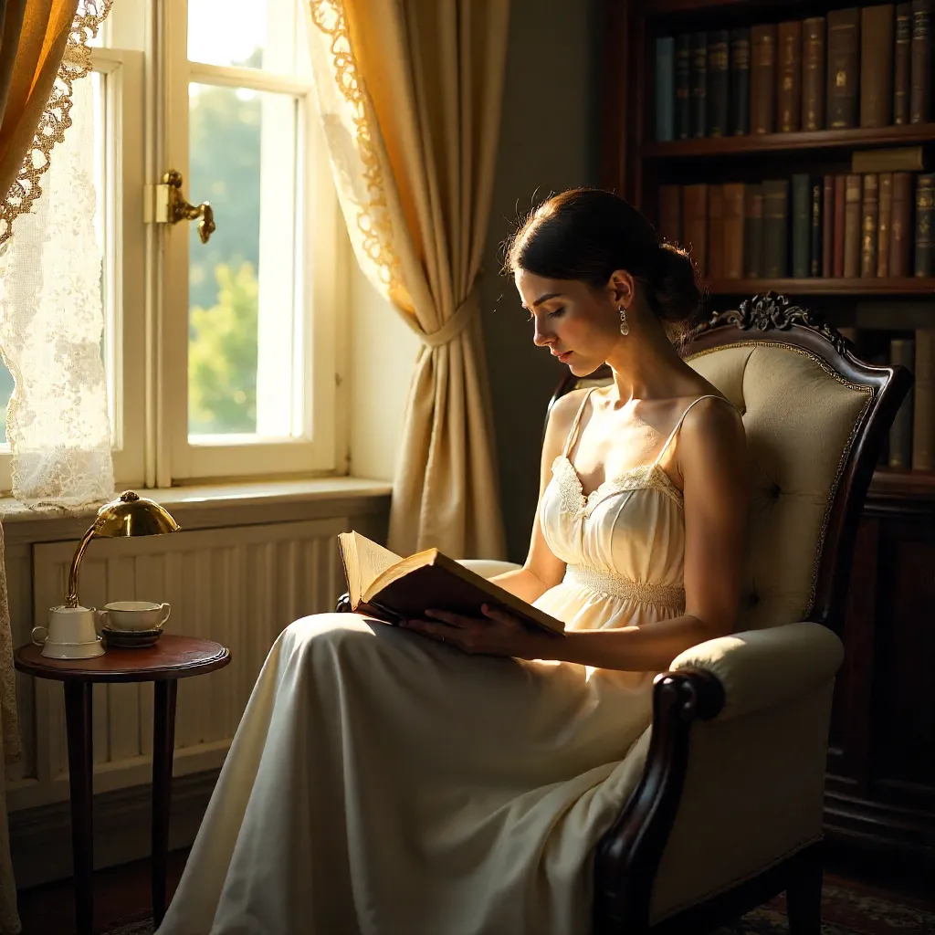 White Dress Reading by Warm Vintage Light