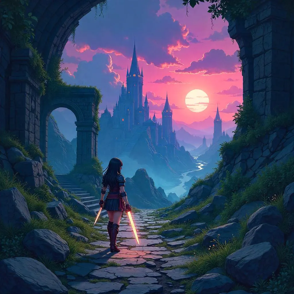 Ruin-Swept Anime Realm: A Video Game Scene