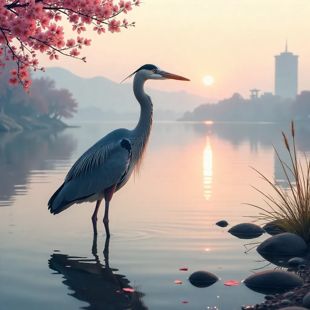 Quiet Grey Heron Wading by Hiroshima Waterside at Dawn
