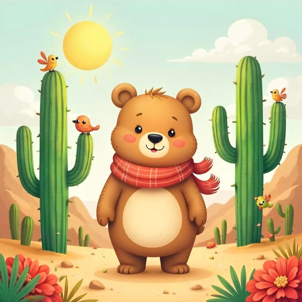 Cute Cartoon Bear Among Desert Cacti