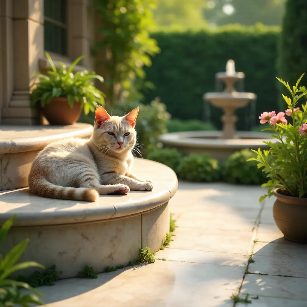 Serene Cat on Marble Steps in a Sunlit Garden