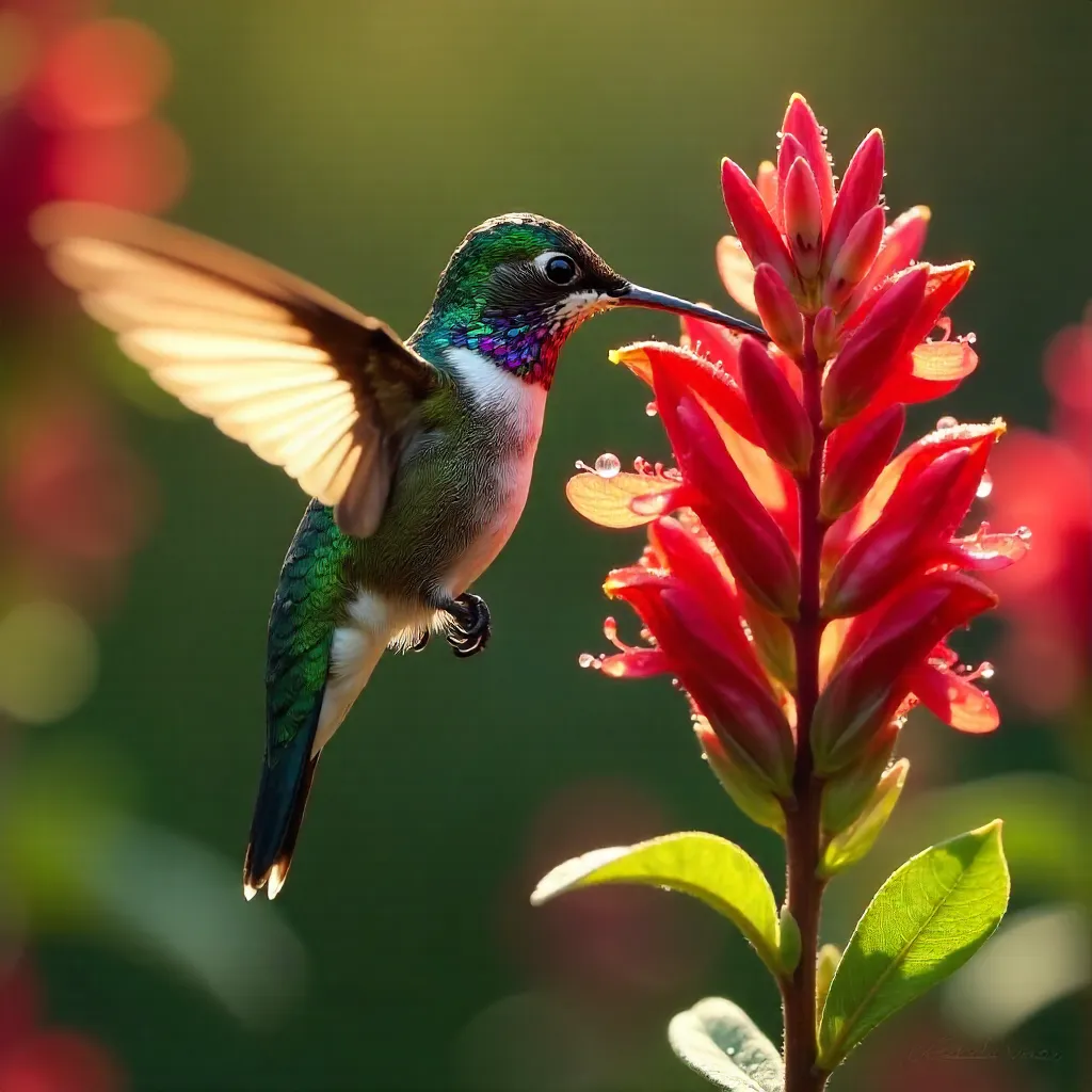 Anna's Hummingbird on Red Garden Blooms