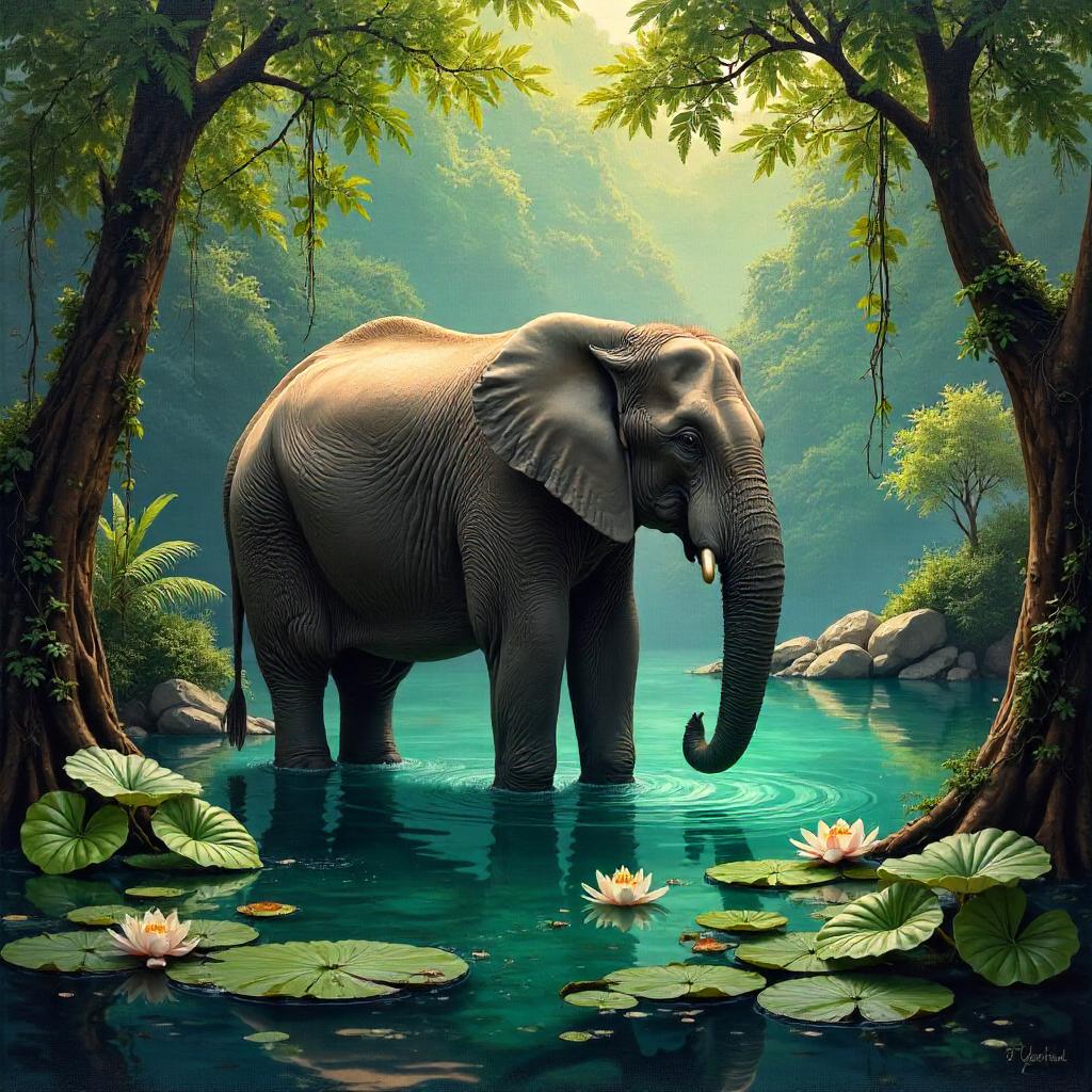 Elephant in a Hidden Lagoon - Oil Painting