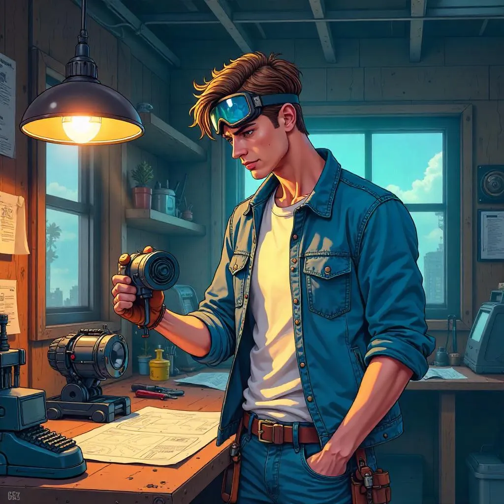 Anime Style: Young Man in a Busy Workshop
