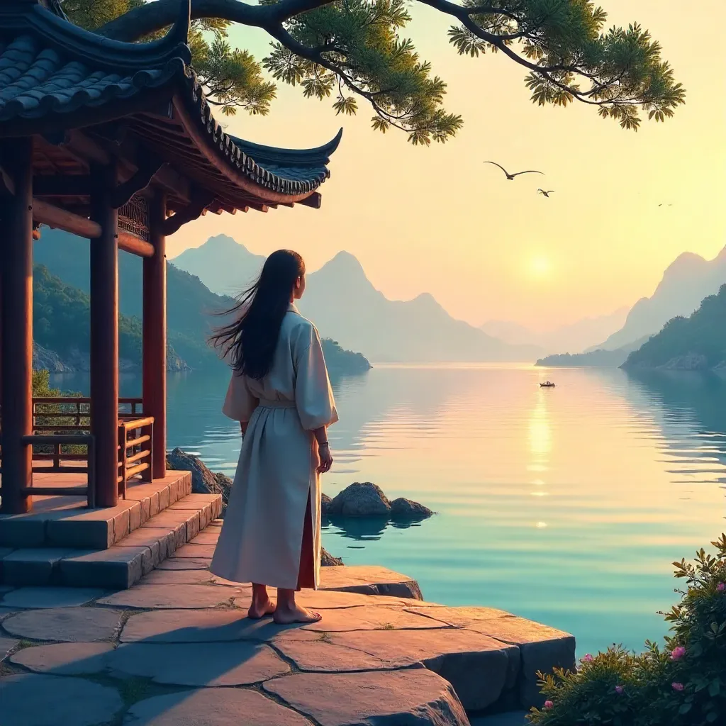 Solitary Figure Under a Pavilion by Waterfront and Mountains