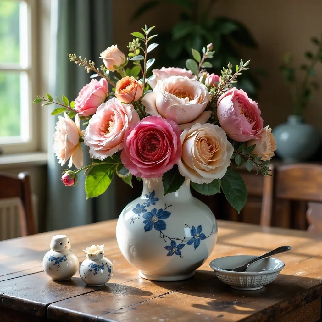 Floral Bouquet in a Ceramic Vase on a Decorated Table
