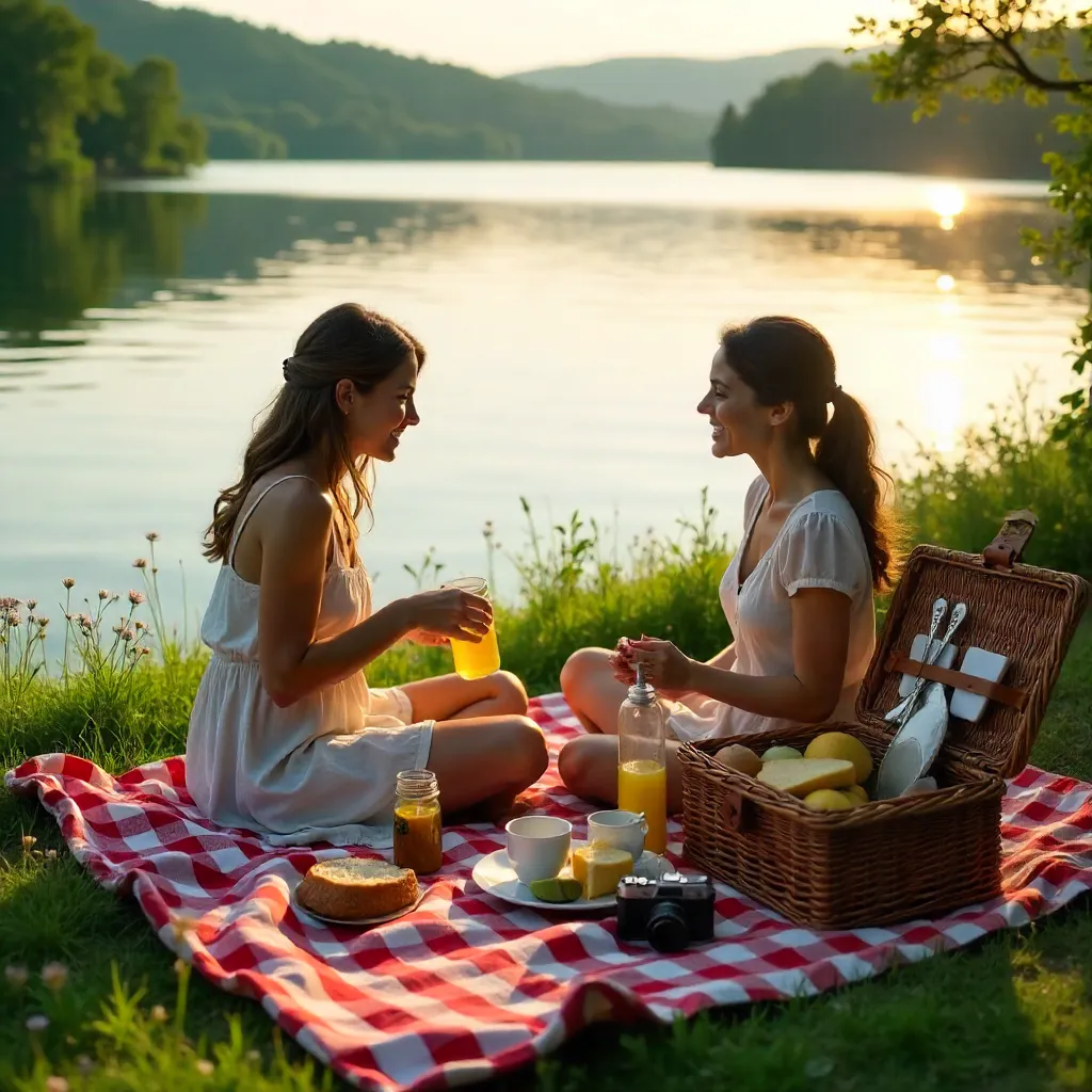Two Women Enjoying a Lakeside Picnic with Camera