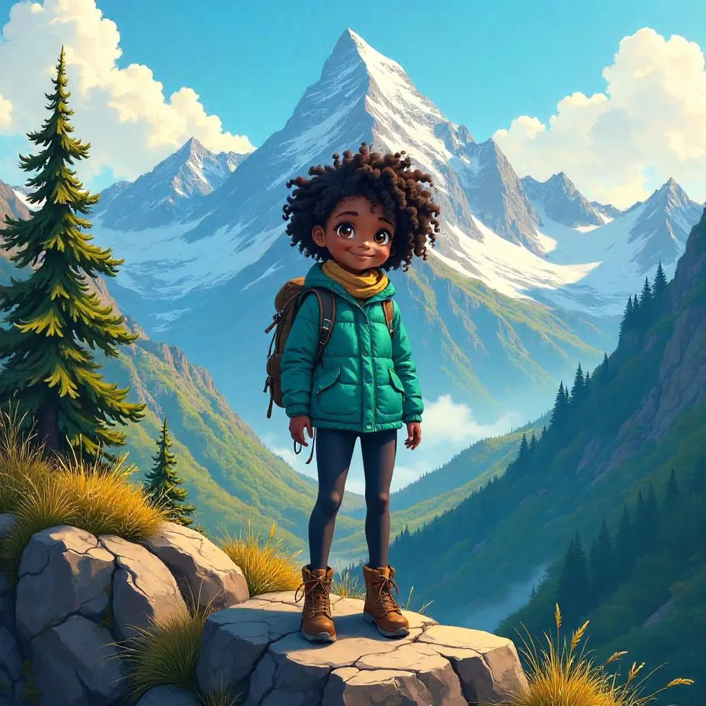 Anime-Style Black Girl in a Mountain Sunrise