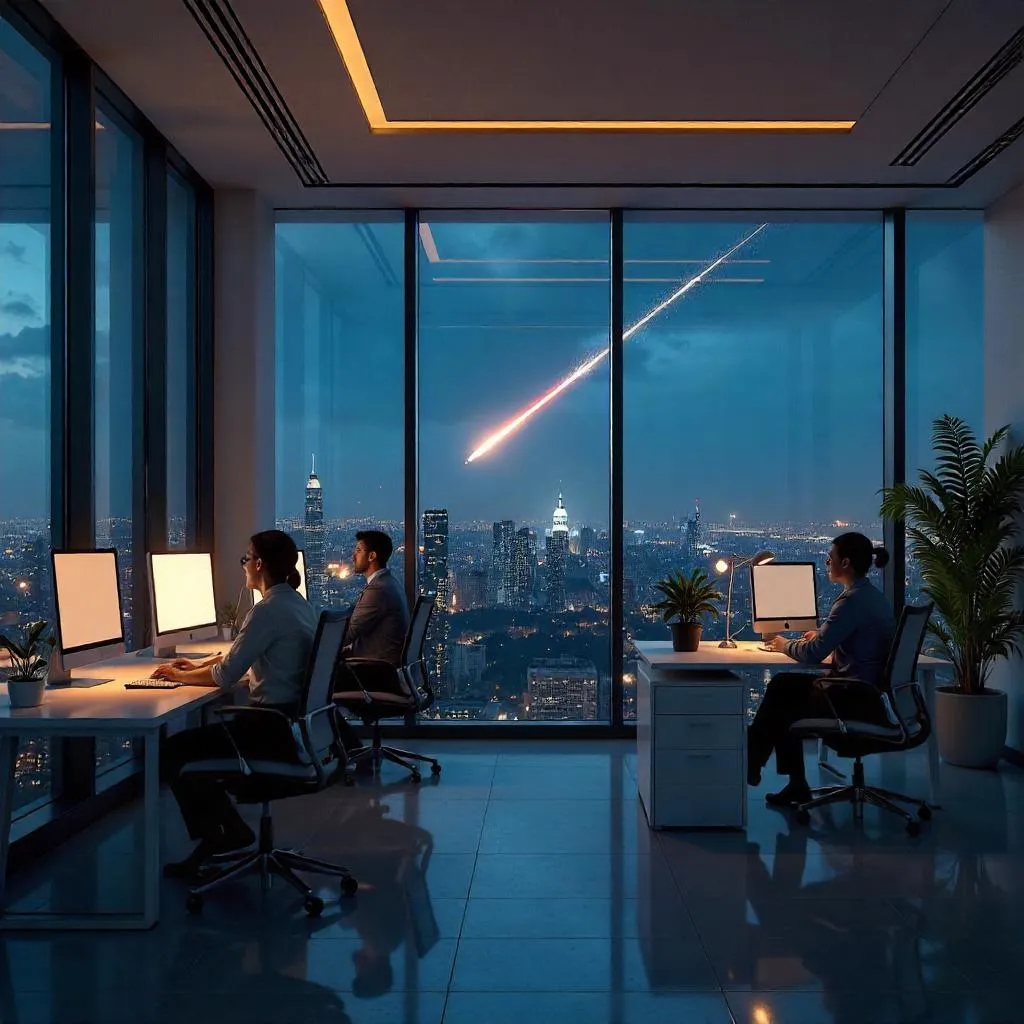 Comet in a Modern Office at Night
