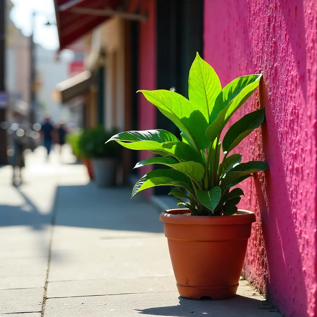 Green Leaves Against Pink Wall: Street View