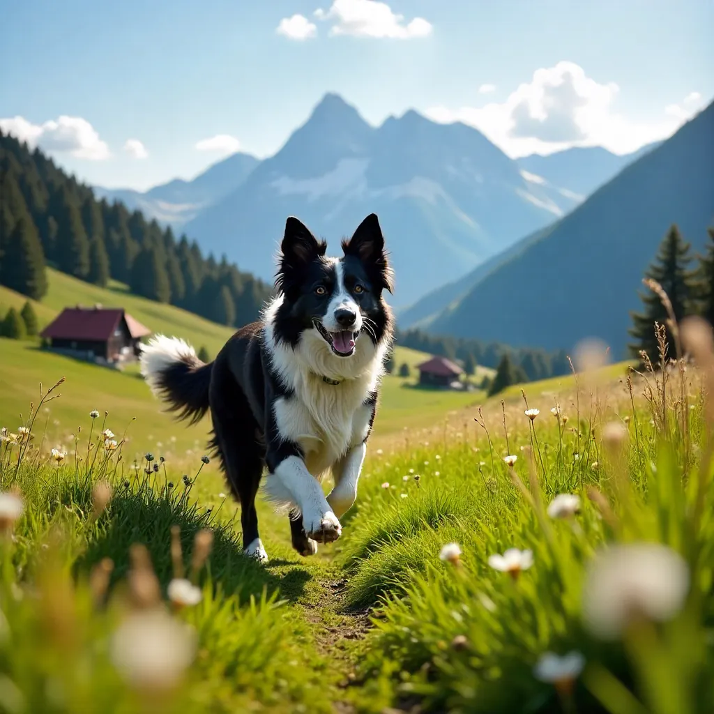 Border Collie in Poprad's sunlit Tatras landscape