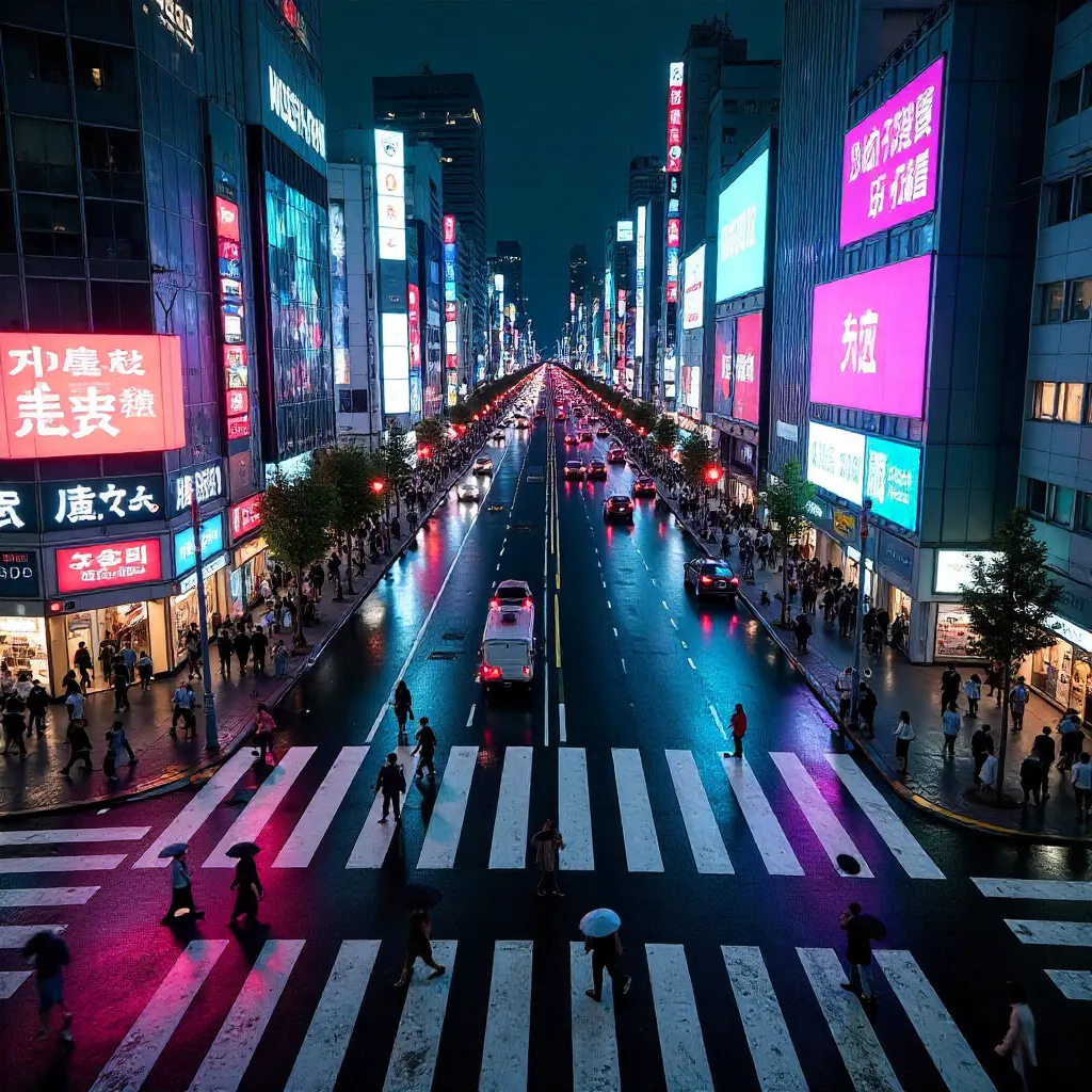 Aerial Night Crossing Over Tokyo's Zebra Crossing