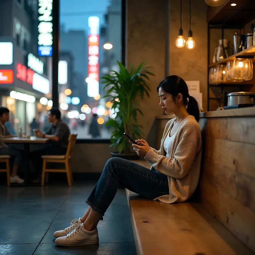 Indoor Tokyo Bench Moment: Woman with Smartphone