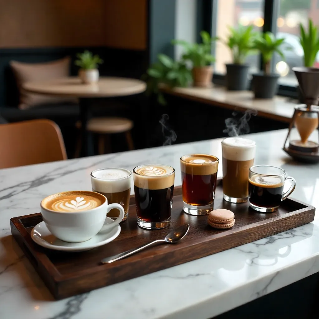 Tray of Coffee Beverages in a Chic Café