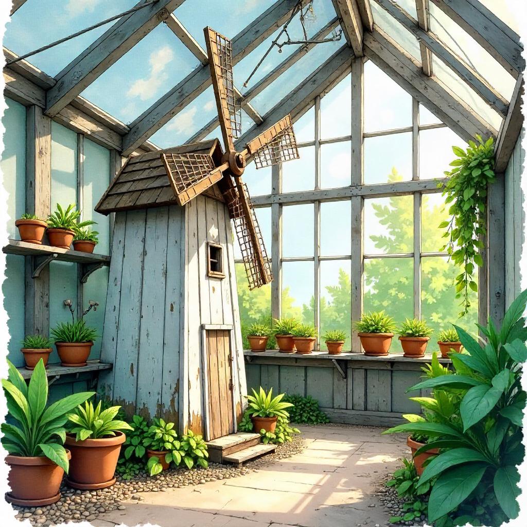 Windmill Inside a Glass Greenhouse - Watercolor