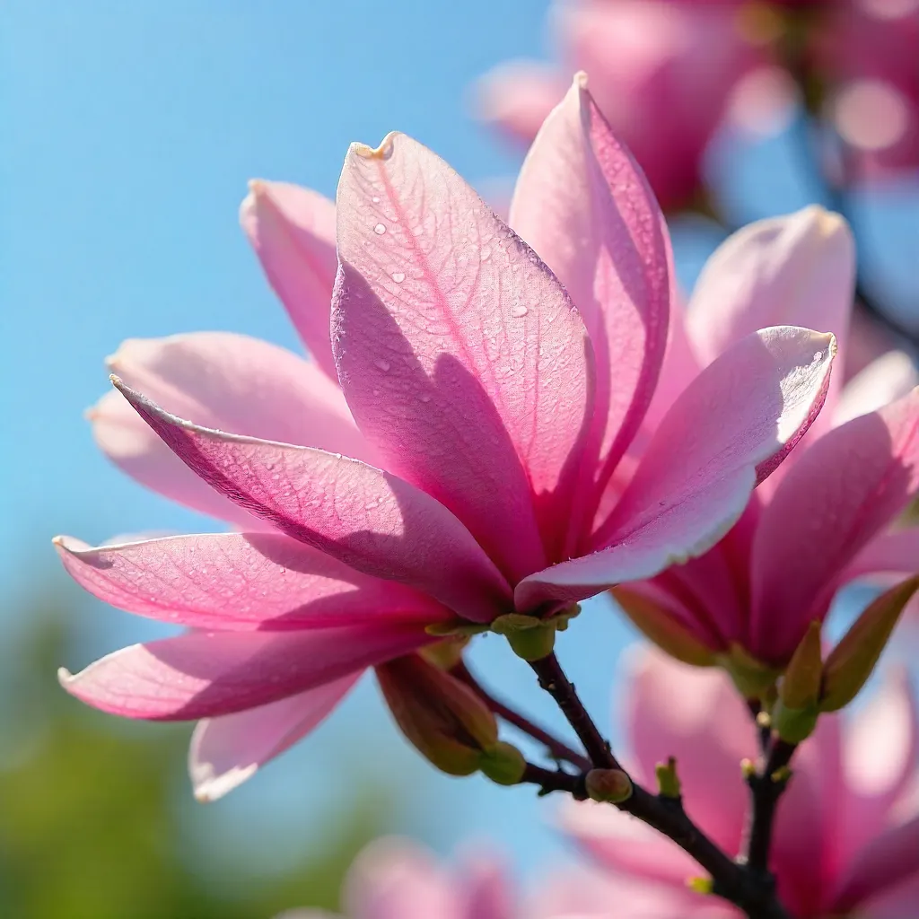 Close-Up Pink Magnolia Blooms Under Blue Sky