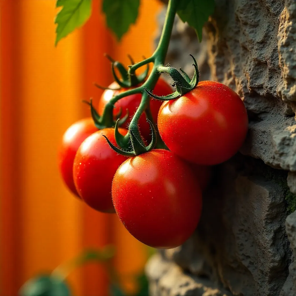 Ripe Tomatoes on Rustic Stone Wall