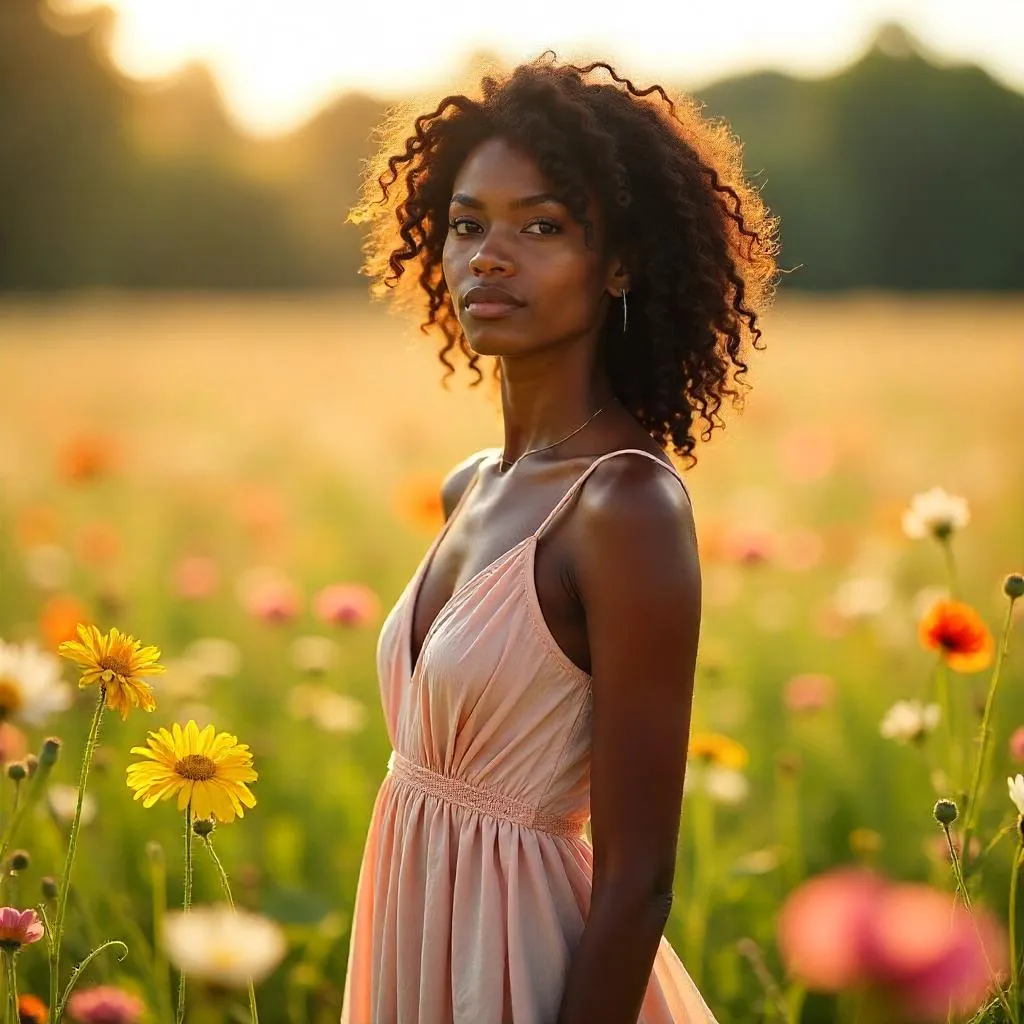 Elegant Black Woman in a Field of Flowers