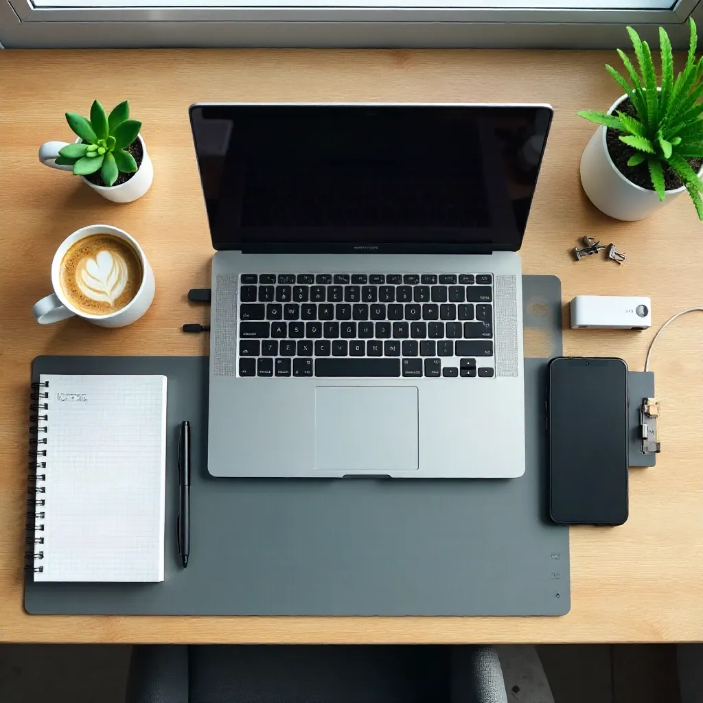 Flat Lay: Modern Workspace with Tech & Latte
