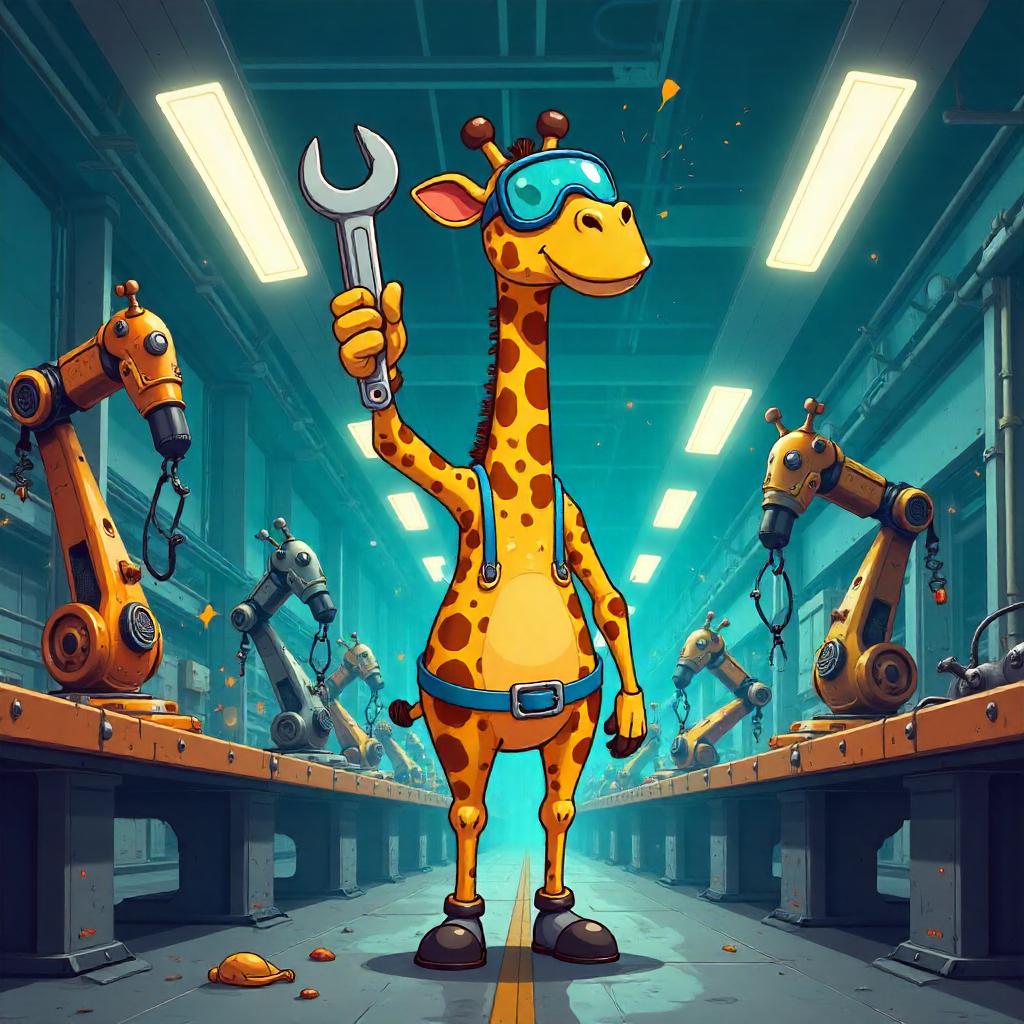 Giraffe in a Whimsical Robot Factory