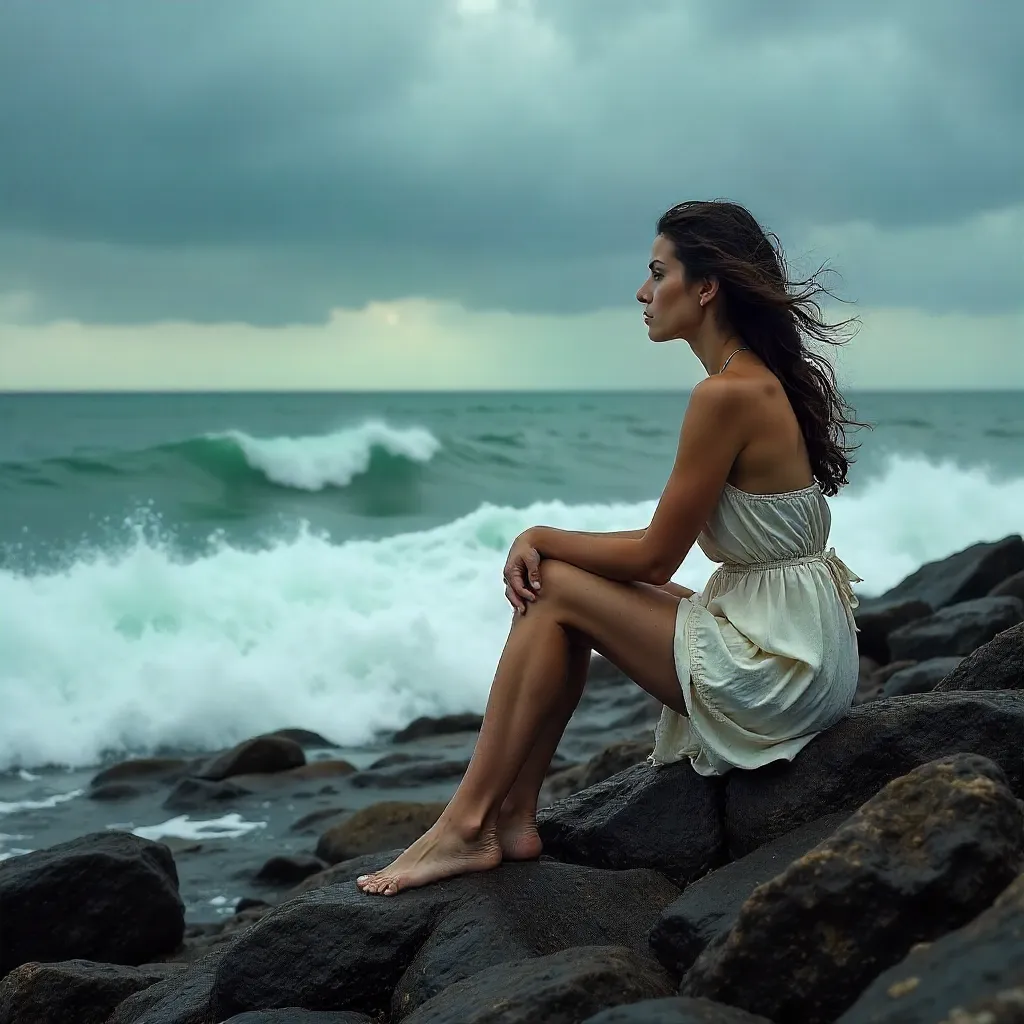 Contemplative Woman on Stormy Seaside Rocks