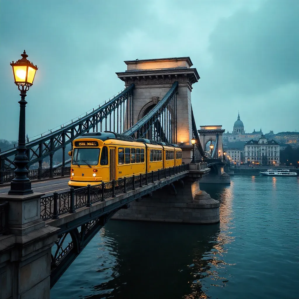 Yellow Tram on Liberty Bridge in Budapest